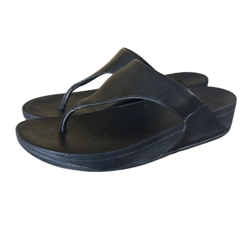 FITFLOP LULU Leather Toe-Post Sandals Thongs Black Platform Size 9